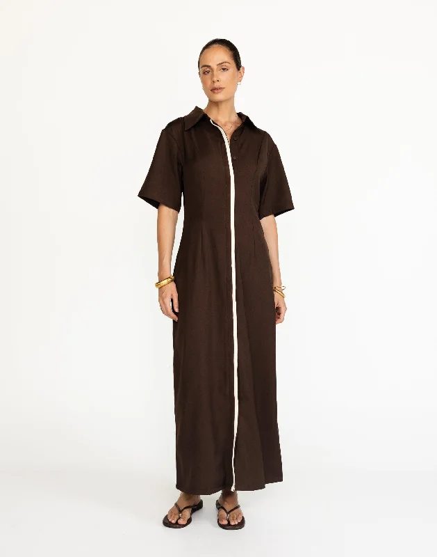 Vero Maxi Dress (Chocolate) Chic Off-Shoulder Maxi Dress