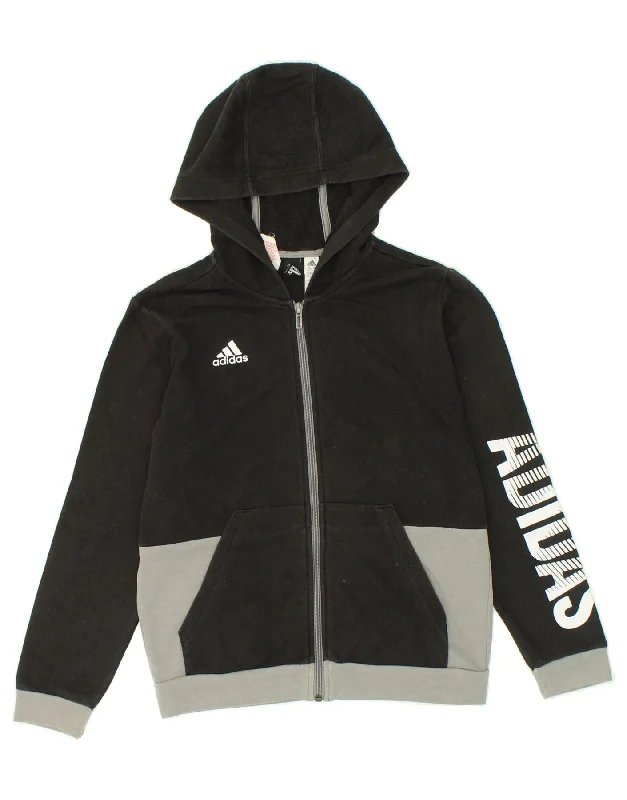 ADIDAS Boys Graphic Zip Hoodie Sweater 11-12 Years Black Colourblock Hoodie with Hem Applique Textured Unique ADIDAS Boys Graphic Zip Hoodie Sweater 11-12 Years Black Colourblock Hoodie with Hem Applique Textured Unique