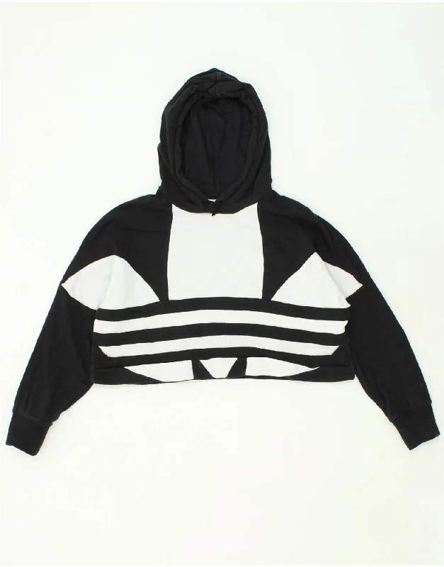 ADIDAS Womens Crop Graphic Hoodie Jumper UK 14 Large Black Cotton Hoodie with Print Artistic Unique ADIDAS Womens Crop Graphic Hoodie Jumper UK 14 Large Black Cotton Hoodie with Print Artistic Unique