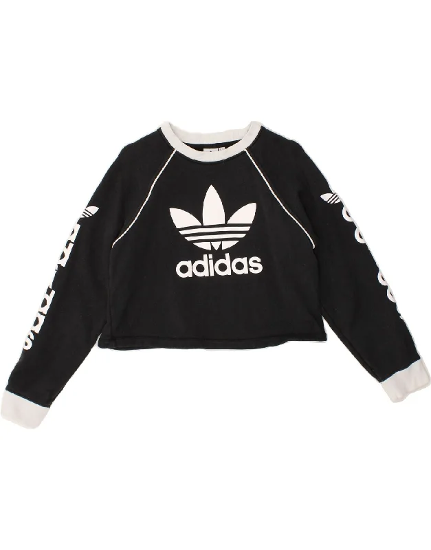 ADIDAS Womens Graphic Crop Sweatshirt Jumper UK 10 Small Black Cotton Hoodie with Mock Neck Collared Structured ADIDAS Womens Graphic Crop Sweatshirt Jumper UK 10 Small Black Cotton Hoodie with Mock Neck Collared Structured