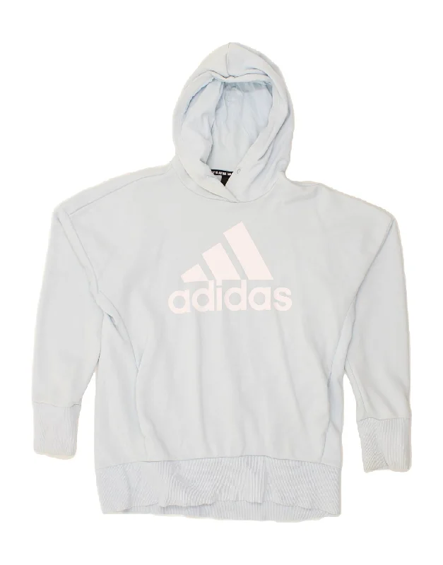 ADIDAS Womens Graphic Hoodie Jumper UK 12/14 Medium Blue Cotton Hoodie with Tied Waist Feminine Flattering ADIDAS Womens Graphic Hoodie Jumper UK 12/14 Medium Blue Cotton Hoodie with Tied Waist Feminine Flattering