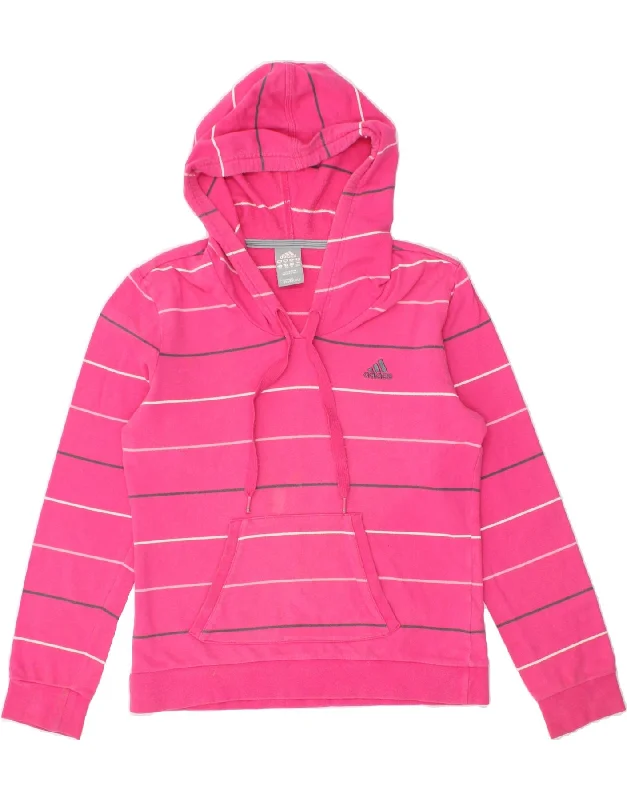 ADIDAS Womens Hoodie Jumper UK 14 Large Pink Striped Cotton Hoodie with Exposed Zipper Edgy Industrial ADIDAS Womens Hoodie Jumper UK 14 Large Pink Striped Cotton Hoodie with Exposed Zipper Edgy Industrial