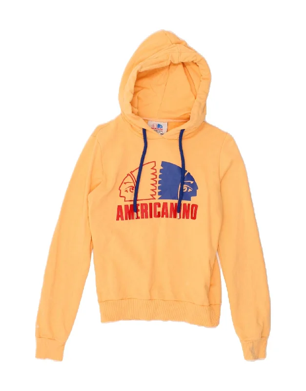 AMERICANINO Womens Graphic Hoodie Jumper UK 12 Medium Yellow Cotton Hoodie with Slit Hem Functional Movement