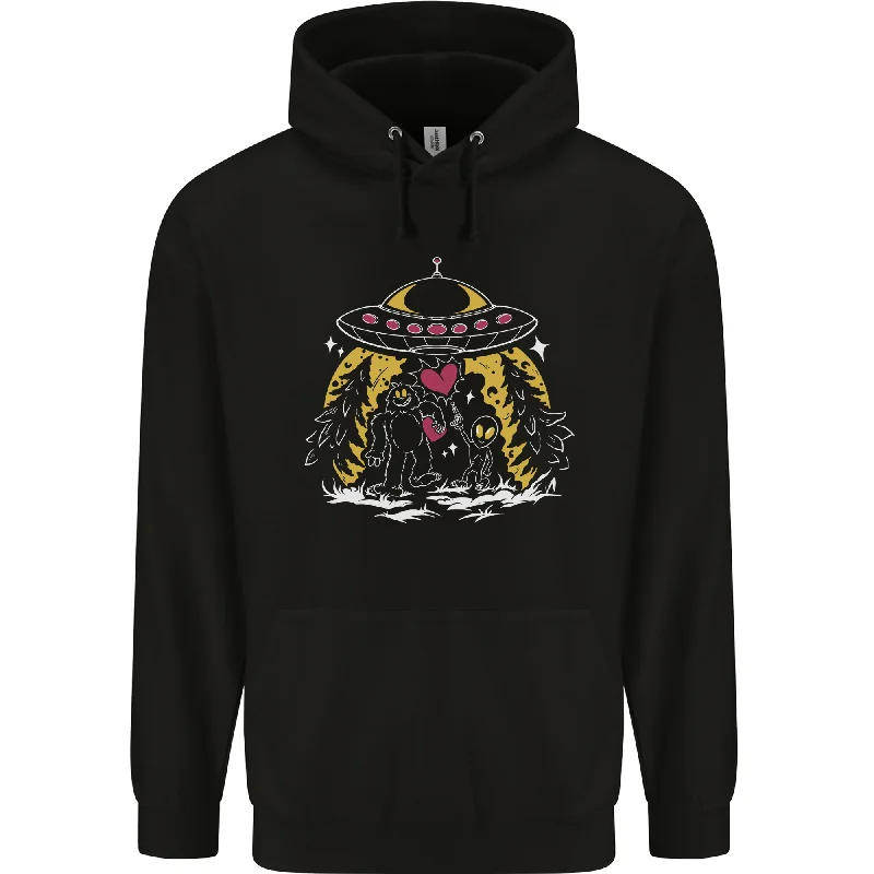 Bigfoot & Alien UFO Mens 80% Cotton Hoodie Hoodie with Mock Neck Collared Structured Bigfoot & Alien UFO Mens 80% Cotton Hoodie Hoodie with Mock Neck Collared Structured