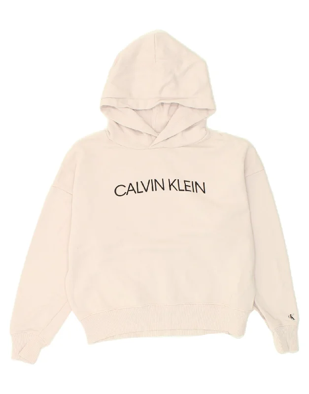 CALVIN KLEIN Girls Graphic Hoodie Jumper 11-12 Years Beige Cotton Hoodie with Hem Ribbing Snug Secure CALVIN KLEIN Girls Graphic Hoodie Jumper 11-12 Years Beige Cotton Hoodie with Hem Ribbing Snug Secure