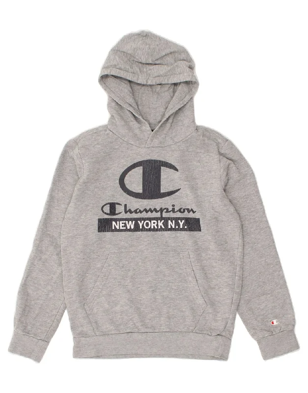 CHAMPION Boys Graphic Hoodie Jumper 11-12 Years Large Grey Cotton Hoodie with Earth Tones Natural Calm CHAMPION Boys Graphic Hoodie Jumper 11-12 Years Large Grey Cotton Hoodie with Earth Tones Natural Calm