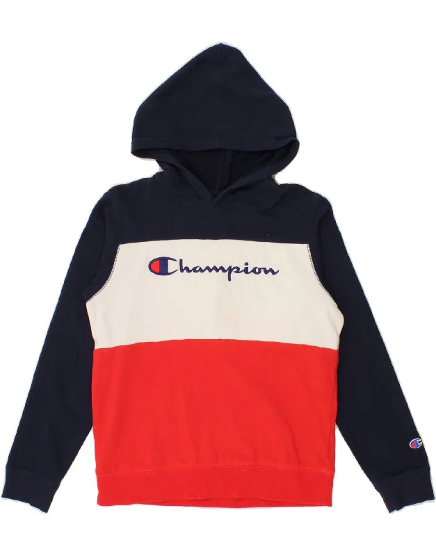 CHAMPION Boys Graphic Hoodie Jumper 13-14 Years XL Navy Blue Colourblock Hoodie with Embroidery Detailed Premium CHAMPION Boys Graphic Hoodie Jumper 13-14 Years XL Navy Blue Colourblock Hoodie with Embroidery Detailed Premium