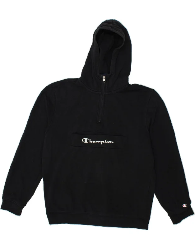 CHAMPION Mens Graphic Zip Neck Hoodie Jumper Medium Black Cotton Hoodie with Mock Neck Collared Structured CHAMPION Mens Graphic Zip Neck Hoodie Jumper Medium Black Cotton Hoodie with Mock Neck Collared Structured