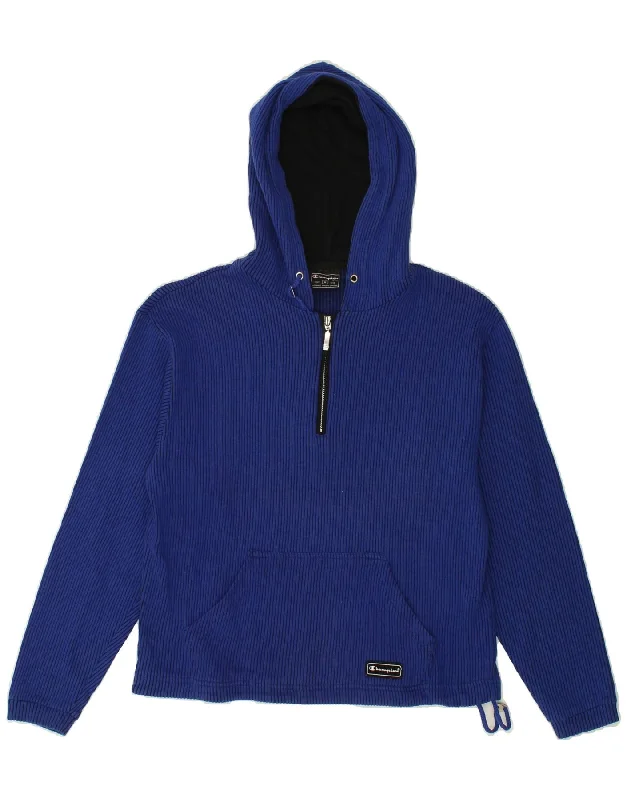 CHAMPION Womens Hoodie Jumper UK 14 Medium Blue Cotton Hoodie with Embroidery Detailed Premium CHAMPION Womens Hoodie Jumper UK 14 Medium Blue Cotton Hoodie with Embroidery Detailed Premium