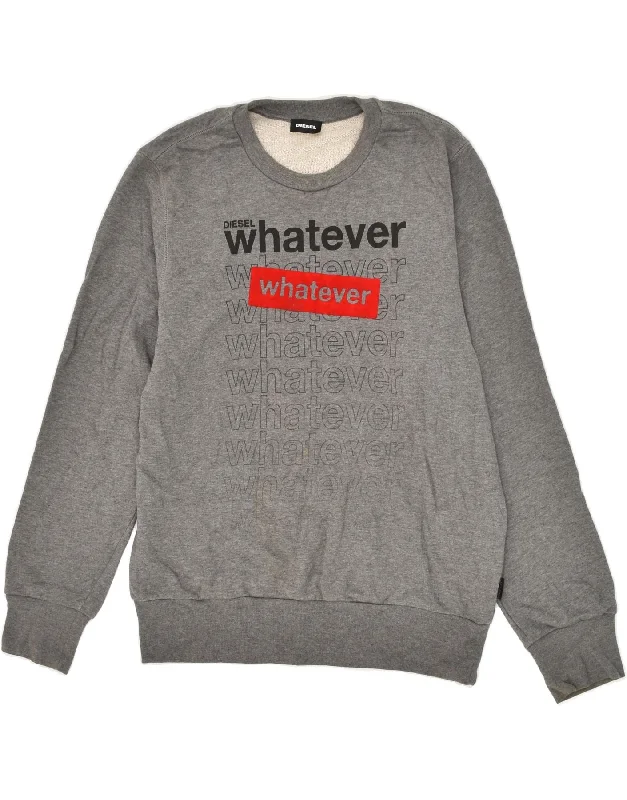 DIESEL Womens Graphic Sweatshirt Jumper UK 16 Large Grey Cotton Hoodie with Hem Raw Edge Edgy Unfinished DIESEL Womens Graphic Sweatshirt Jumper UK 16 Large Grey Cotton Hoodie with Hem Raw Edge Edgy Unfinished