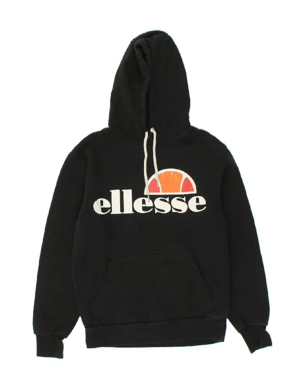 ELLESSE Womens Graphic Hoodie Jumper UK 12 Medium Black Cotton Hoodie with Exposed Zipper Edgy Industrial ELLESSE Womens Graphic Hoodie Jumper UK 12 Medium Black Cotton Hoodie with Exposed Zipper Edgy Industrial