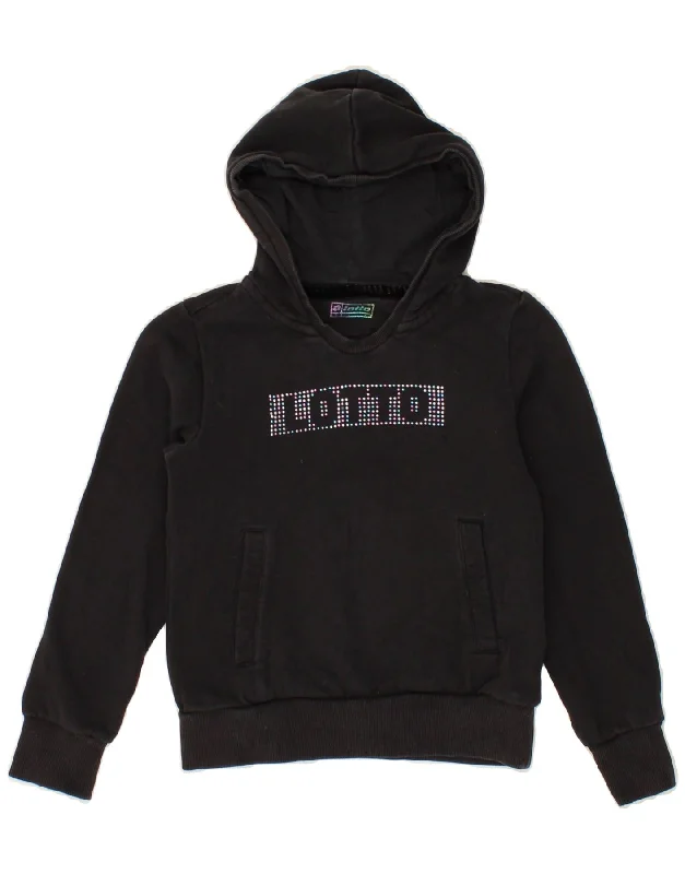 LOTTO Girls Graphic Hoodie Jumper 8-9 Years Small Black Cotton Hoodie with Raglan Sleeves Sporty Comfortable LOTTO Girls Graphic Hoodie Jumper 8-9 Years Small Black Cotton Hoodie with Raglan Sleeves Sporty Comfortable