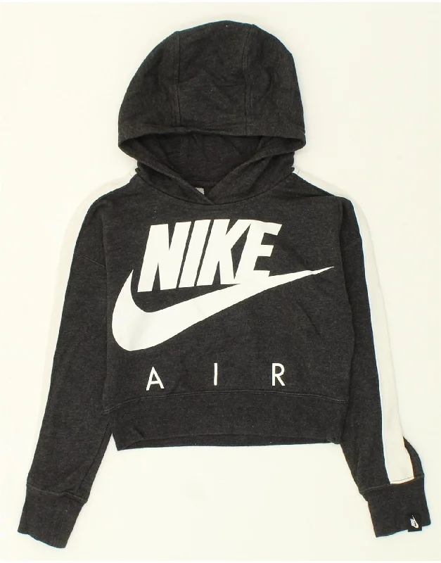 NIKE Girls Crop Graphic Hoodie Jumper 10-11 Years Medium Grey Colourblock Hoodie with Hem Drawcord Adjustable Customizable NIKE Girls Crop Graphic Hoodie Jumper 10-11 Years Medium Grey Colourblock Hoodie with Hem Drawcord Adjustable Customizable