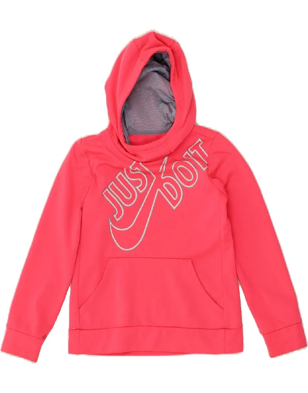 NIKE Girls Dri Fit Graphic Hoodie Jumper 8-9 Years Medium Pink Polyester Hoodie with Elastic Cuffs Stretchable Comfortable NIKE Girls Dri Fit Graphic Hoodie Jumper 8-9 Years Medium Pink Polyester Hoodie with Elastic Cuffs Stretchable Comfortable