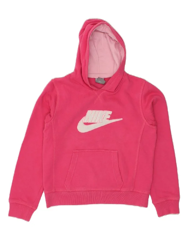 NIKE Girls Graphic Hoodie Jumper 12-13 Years Large Pink Cotton Hoodie with Hem Patch Decorative Personalized NIKE Girls Graphic Hoodie Jumper 12-13 Years Large Pink Cotton Hoodie with Hem Patch Decorative Personalized