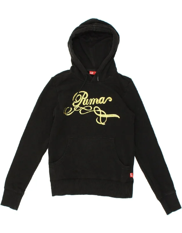 PUMA Womens Graphic Hoodie Jumper UK 10 Small Black Cotton Hoodie with Drawstring Waist Adjustable Fitted PUMA Womens Graphic Hoodie Jumper UK 10 Small Black Cotton Hoodie with Drawstring Waist Adjustable Fitted