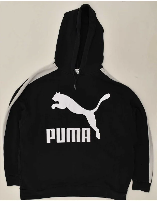 PUMA Womens Oversized Graphic Hoodie Jumper UK 14 Large  Black Cotton Hoodie with Hem Ribbing Snug Secure