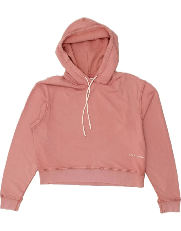 REPLAY Womens Oversized Hoodie Jumper UK 14 Medium Pink Hoodie with Hem Patch Decorative Personalized REPLAY Womens Oversized Hoodie Jumper UK 14 Medium Pink Hoodie with Hem Patch Decorative Personalized