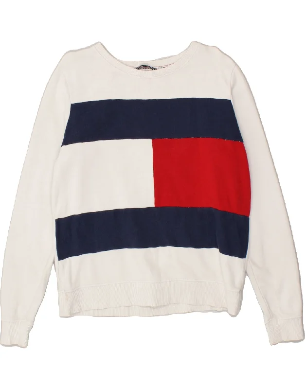 TOMMY HILFIGER Womens Graphic Sweatshirt Jumper UK 14 Medium White Hoodie with High-Low Hem Asymmetrical Trendy TOMMY HILFIGER Womens Graphic Sweatshirt Jumper UK 14 Medium White Hoodie with High-Low Hem Asymmetrical Trendy