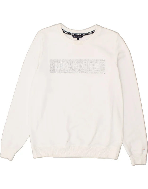 TOMMY HILFIGER Womens Graphic Sweatshirt Jumper UK 14 Medium White Hoodie with Drawstring Waist Adjustable Fitted TOMMY HILFIGER Womens Graphic Sweatshirt Jumper UK 14 Medium White Hoodie with Drawstring Waist Adjustable Fitted