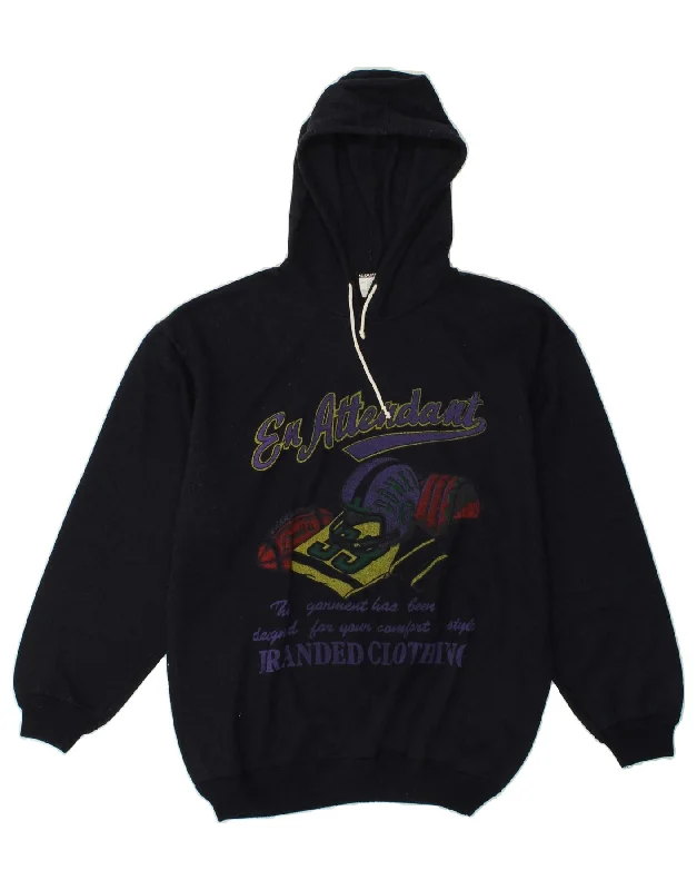 VINTAGE Mens Graphic Hoodie Jumper Medium Navy Blue Cotton Hoodie with Ribbed Cuffs Snug Fit Comfort VINTAGE Mens Graphic Hoodie Jumper Medium Navy Blue Cotton Hoodie with Ribbed Cuffs Snug Fit Comfort
