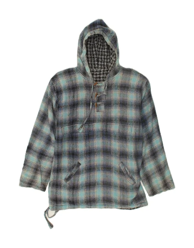 VINTAGE Mens Reversible Hoodie Jumper Large Blue Check Hoodie Crop Top Short Trendy