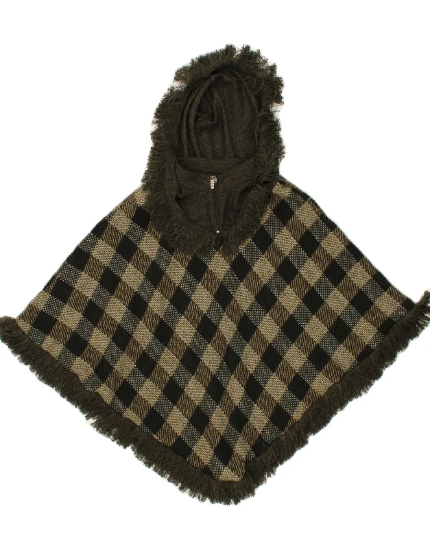 VINTAGE Womens Hooded Zip Neck Poncho Jumper One Size Green Check Hoodie with Slit Hem Functional Movement VINTAGE Womens Hooded Zip Neck Poncho Jumper One Size Green Check Hoodie with Slit Hem Functional Movement