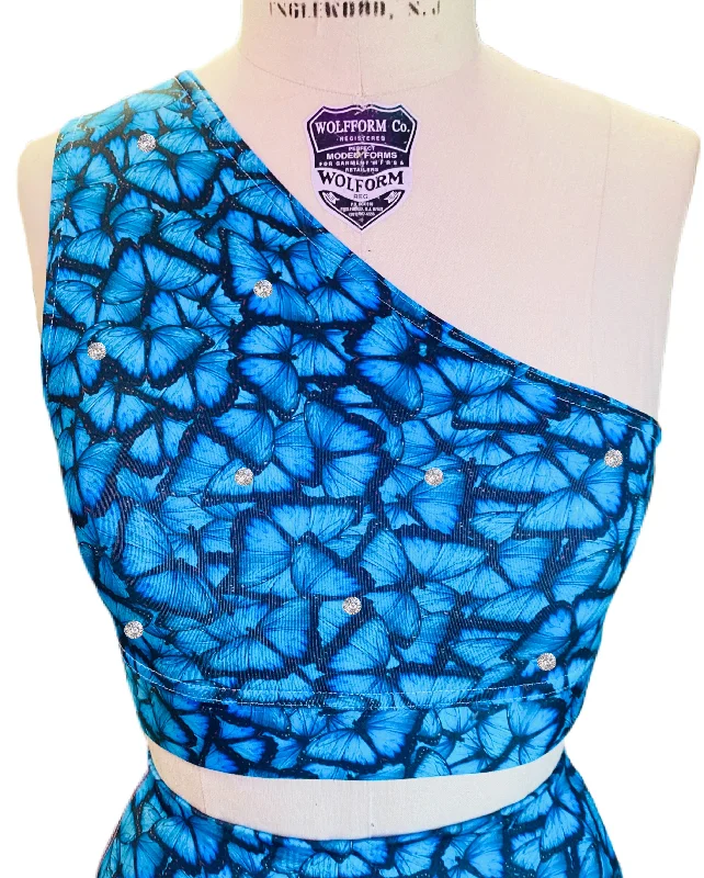 Blue Butterfly Rhinestone Shoulder Sports Bra Sexy Mesh Bra