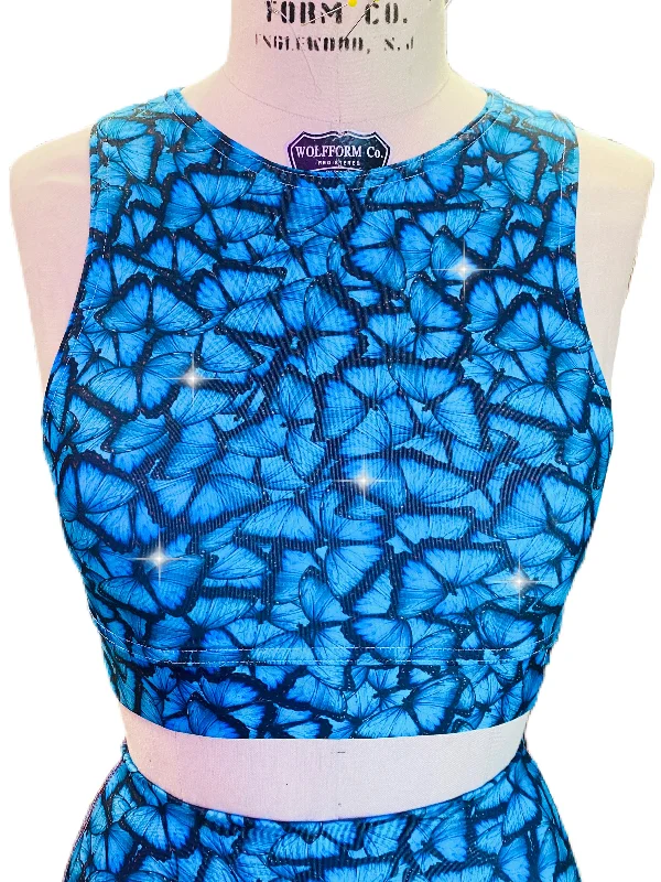 Blue Butterfly Rhinestone Sports Bra Chic Lace Underwear