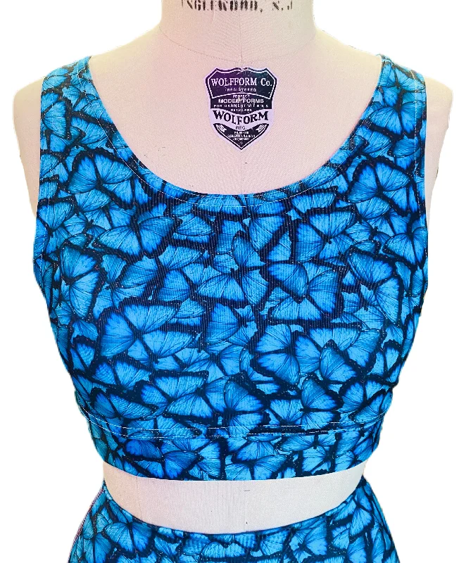 Blue Butterfly Scoop Neck Sports Bra Lace Back Bra