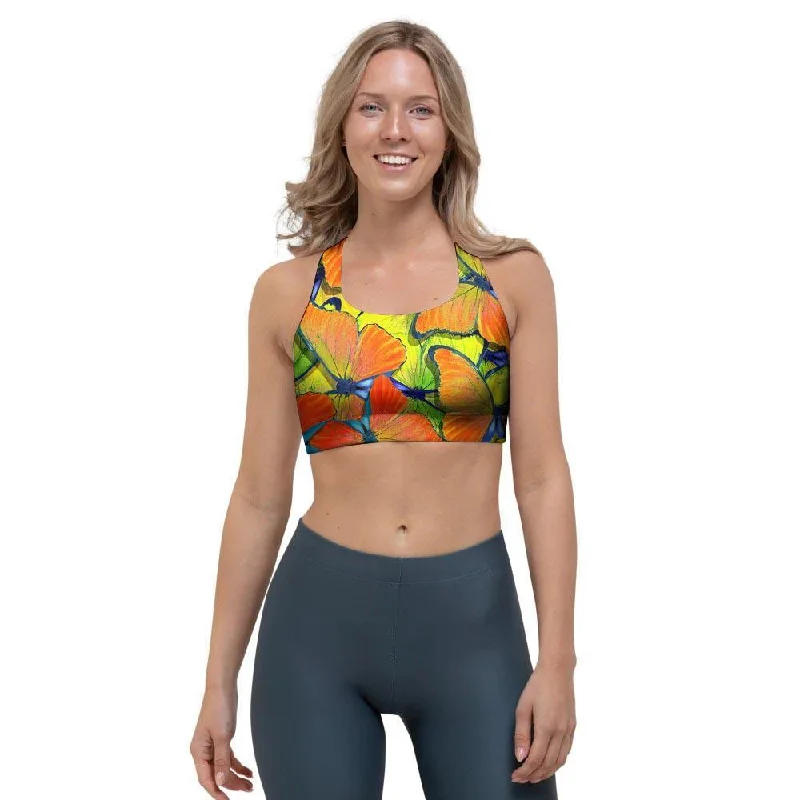 Orange And Blue Butterfly Print Sports Bra Comfortable Lace Bra