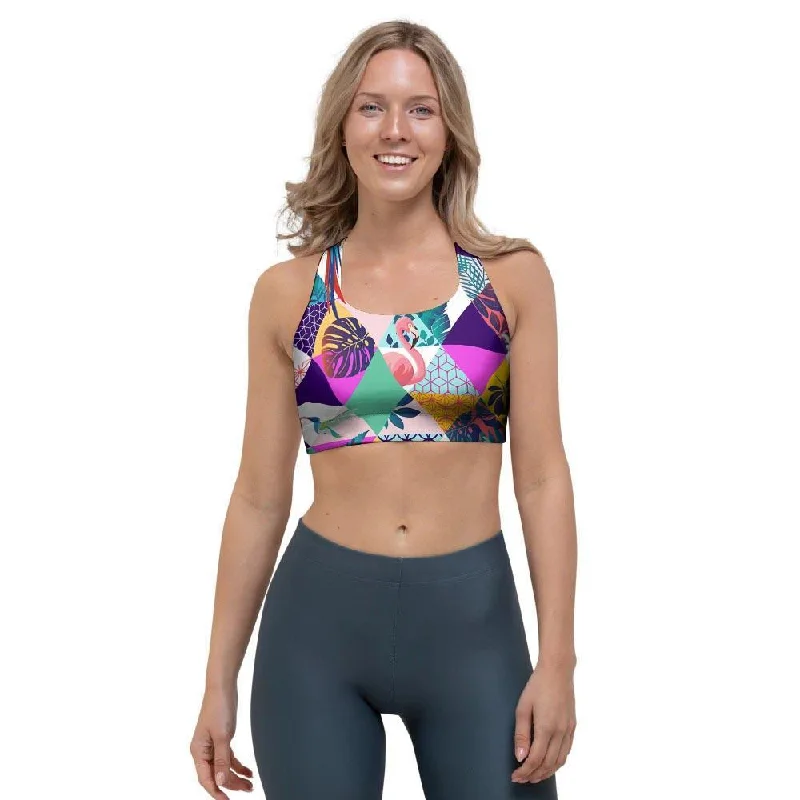 Patchwork Tropical Bird Print Sports Bra Simple Wireless Bra