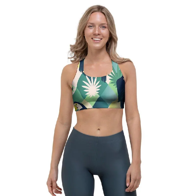 Patchwork Tropical Toucan Print Sports Bra Elegant Lace Lingerie