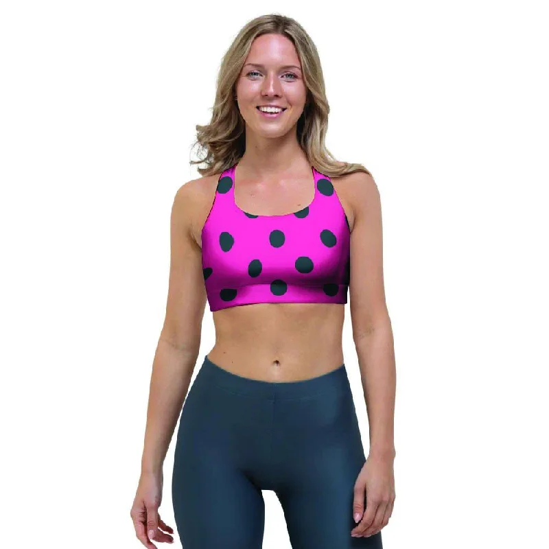 Pink And Black Polka Dot Sports Bra Active Wear Bra