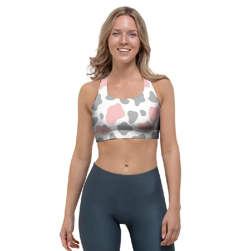 Pink And Grey Cow Print Sports Bra High-Cut Bra Design