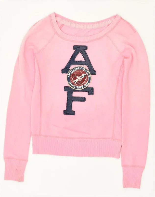 ABERCROMBIE & FITCH Womens Graphic Sweatshirt Jumper UK 10 Small Pink Hoodie with Rolled Sleeves Casual Relaxed