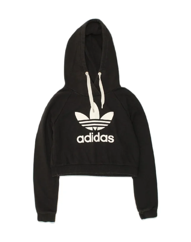 ADIDAS Womens Crop Graphic Hoodie Jumper UK 12 Medium Black Cotton Hoodie with Button Classic Timeless