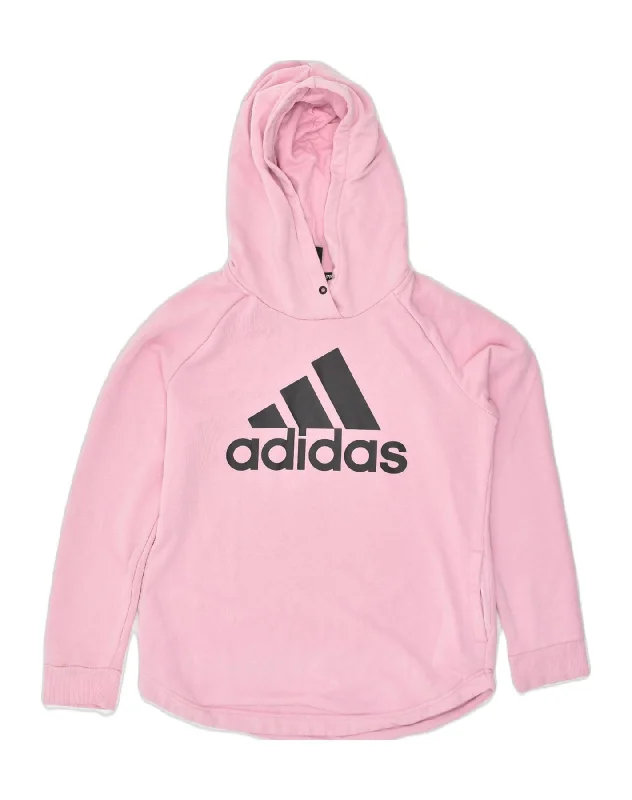 ADIDAS Womens Graphic Hoodie Jumper UK 14 Medium Pink Cotton Hoodie with Embroidery Detailed Premium