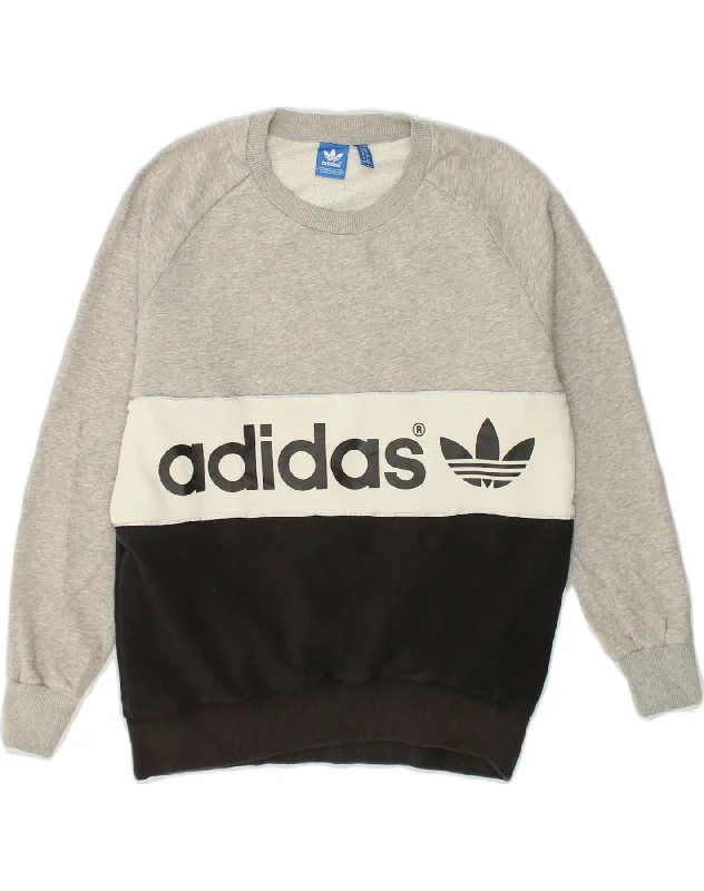 ADIDAS Womens Graphic Sweatshirt Jumper UK 10 Small Grey Colourblock Hoodie with Distressed Vintage Worn