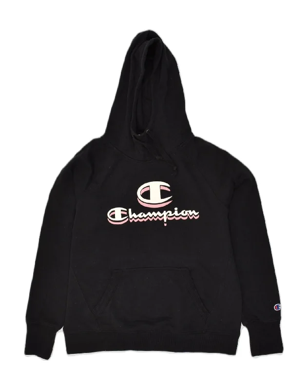 CHAMPION Womens Graphic Hoodie Jumper UK 10 Small Black Cotton Hoodie with Exposed Zipper Edgy Industrial