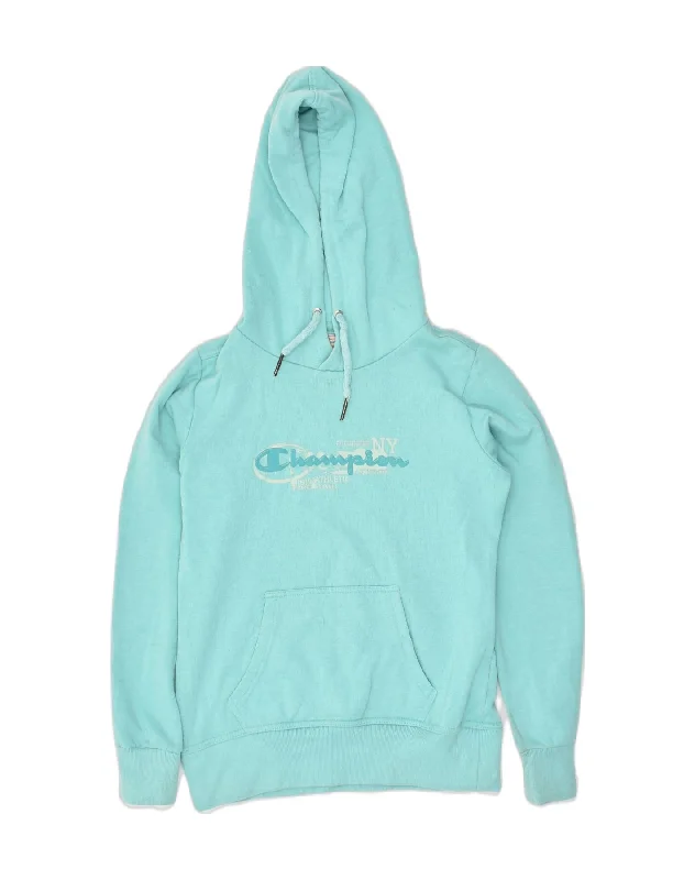 CHAMPION Womens Graphic Hoodie Jumper UK 10 Small Blue Cotton Hoodie with Gradient Ombre Colorful