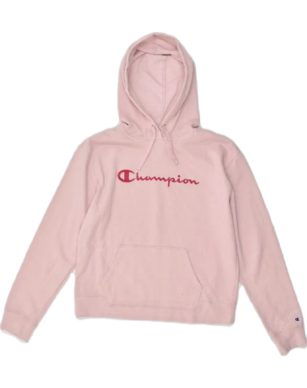 CHAMPION Womens Graphic Hoodie Jumper UK 16 Large Pink Cotton Hoodie with Distressed Vintage Worn