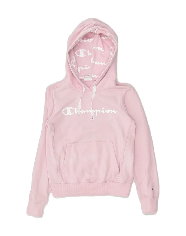 CHAMPION Womens Graphic Hoodie Jumper UK 6 XS Pink Cotton Hoodie with High-Low Hem Asymmetrical Trendy