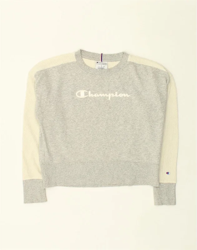 CHAMPION Womens Sweatshirt Jumper UK 10 Small Grey Colourblock Cotton Hoodie with Monochrome Minimalist Simple