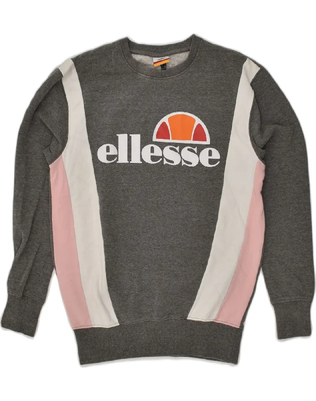 ELLESSE Womens Graphic Sweatshirt Jumper UK 10 Small Grey Colourblock Hoodie with Print Artistic Unique