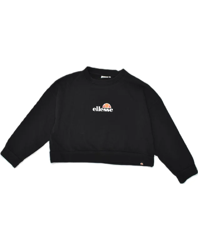 ELLESSE Womens Oversized Graphic Sweatshirt Jumper UK 6 XS Black Cotton Hoodie with Belted Waist Structured Tailored