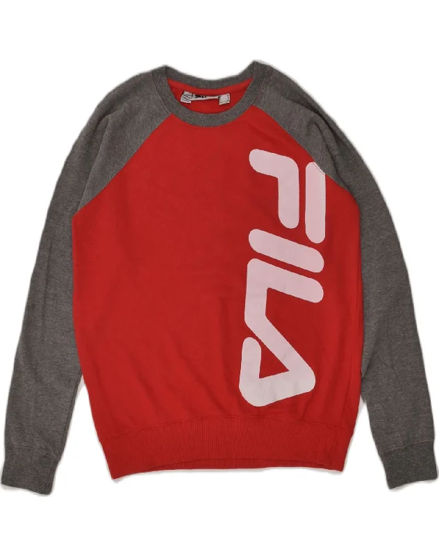 FILA Womens Graphic Sweatshirt Jumper UK 12 Medium  Red Colourblock Hoodie with Hem Lace Feminine Delicate