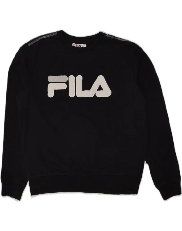 FILA Womens Graphic Sweatshirt Jumper UK 14 Medium Black Hoodie with Hem Applique Textured Unique