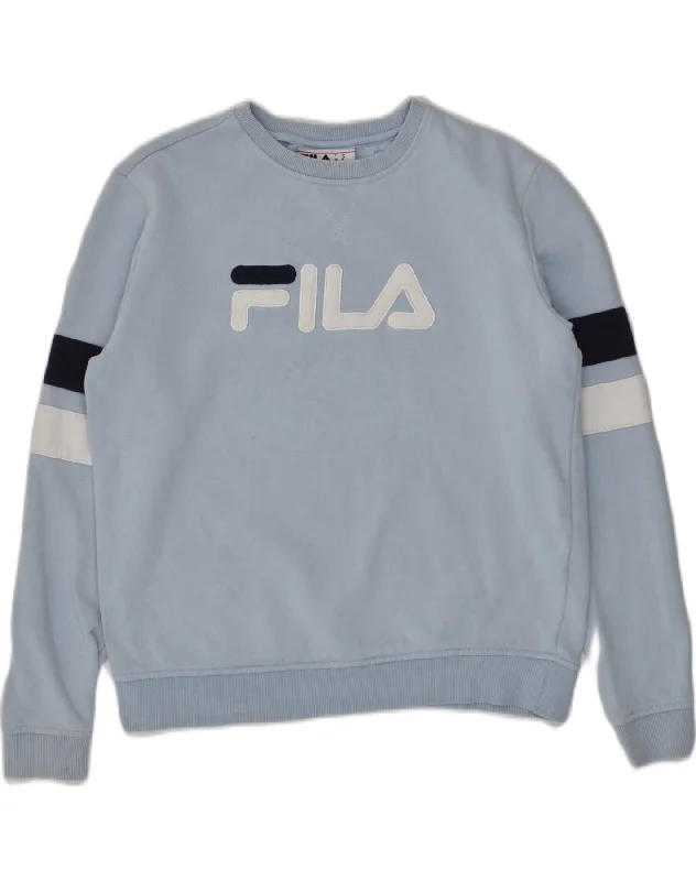 FILA Womens Graphic Sweatshirt Jumper UK 14 Medium Blue Cotton Hoodie with Sequins Glamorous Eye-catching