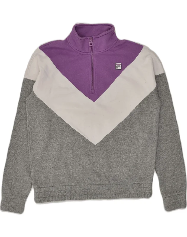 FILA Womens Zip Neck Sweatshirt Jumper UK 14 Medium Grey Colourblock Hoodie with Color Block Contrast Stylish